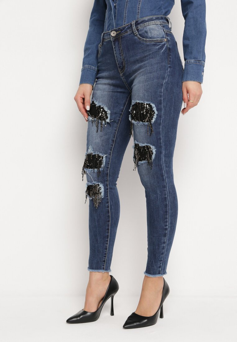 Granatowe Jeansy Skinny z Dziurami Ozdobionymi Cyrkoniami Neeron