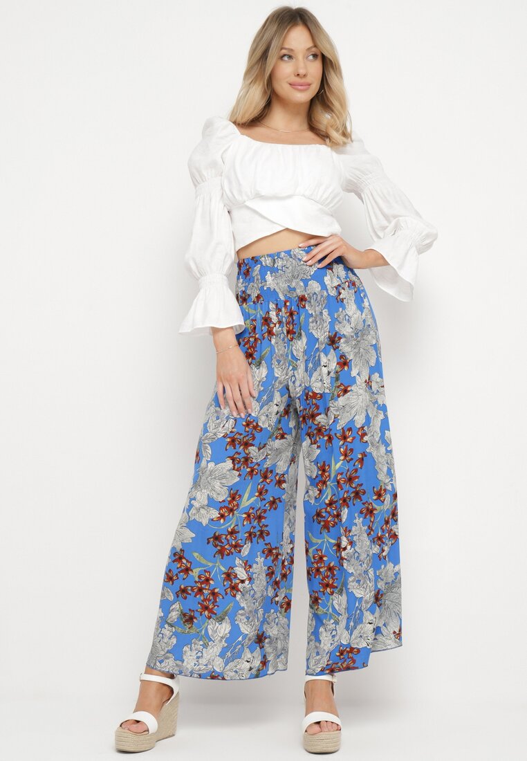 Niebieskie Szerokie Spodnie z Wiskozy z Gumką w Pasie w Kwiaty Bisilia