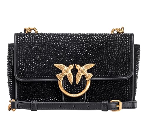 Pinko Love One Mini CL MOSCIO + Full Rhinestone, Torba Damska, Z99Q_Czarny-Antique Gold, Z99q_czarno-antyczne złoto
