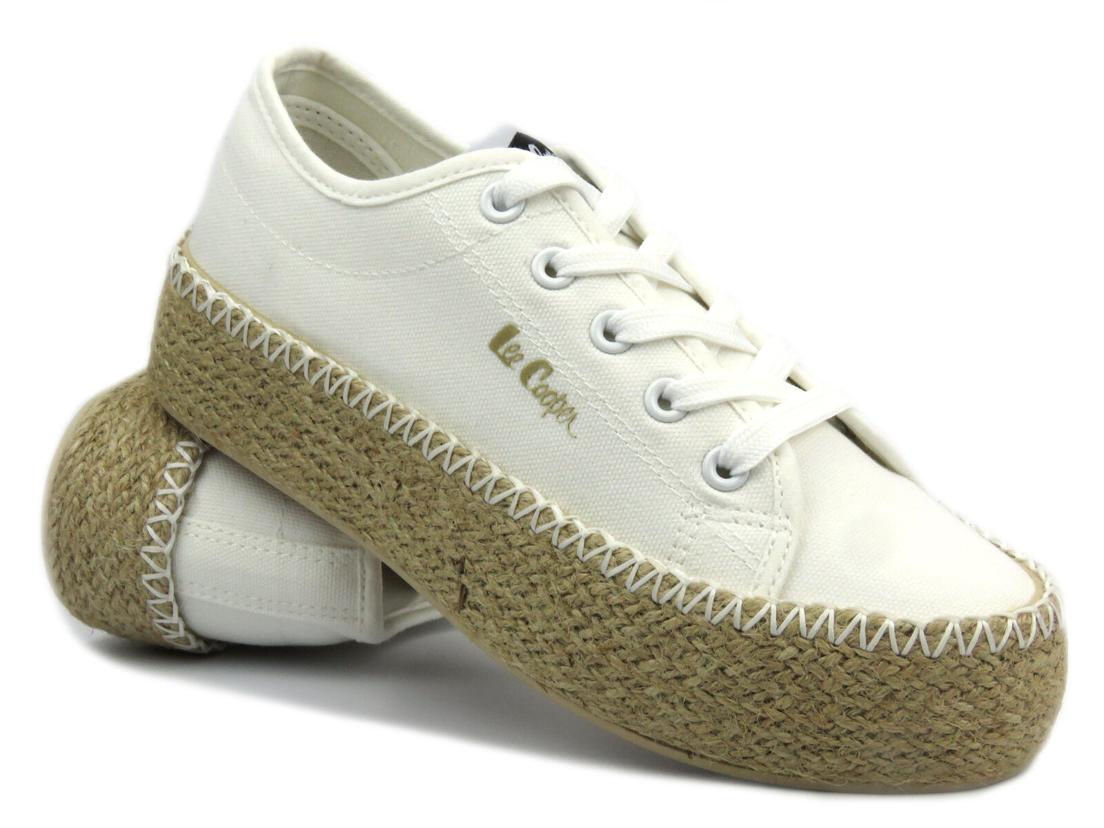 Trampki damskie z plecioną podeszwą- LEE COOPER LCW-24-44-2410L, białe - Lee Cooper