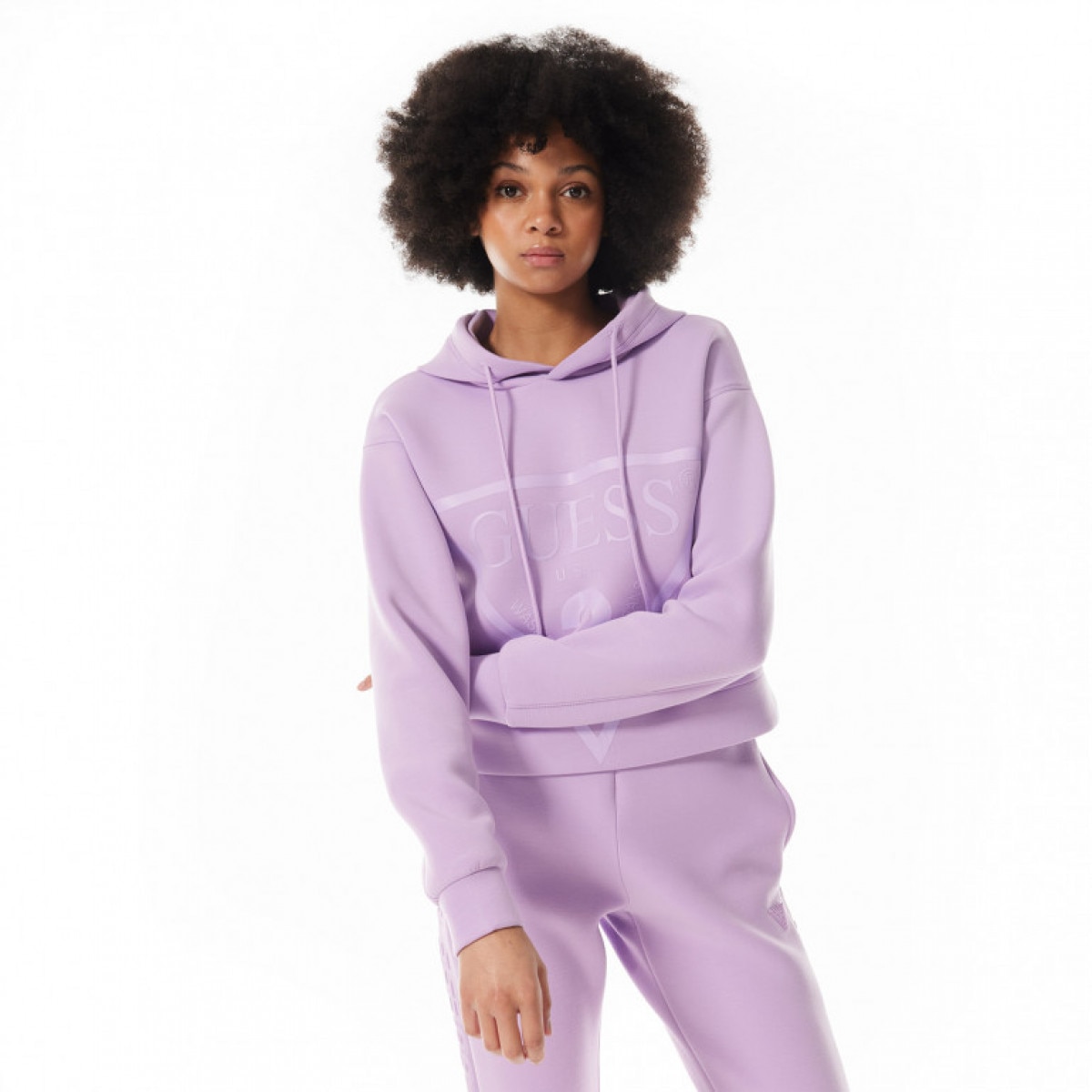 Damska bluza dresowa nierozpinana z kapturem Guess New Alisa Hooded - fioletowa - GUESS