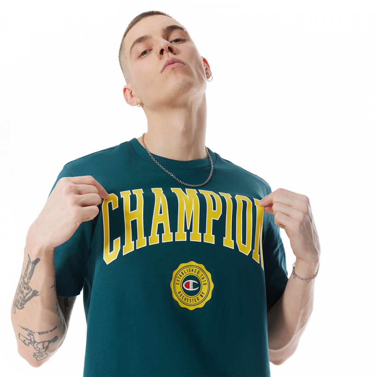 Męski t-shirt z nadrukiem Champion Rochester Crewneck T-shirt -  zielony - CHAMPION