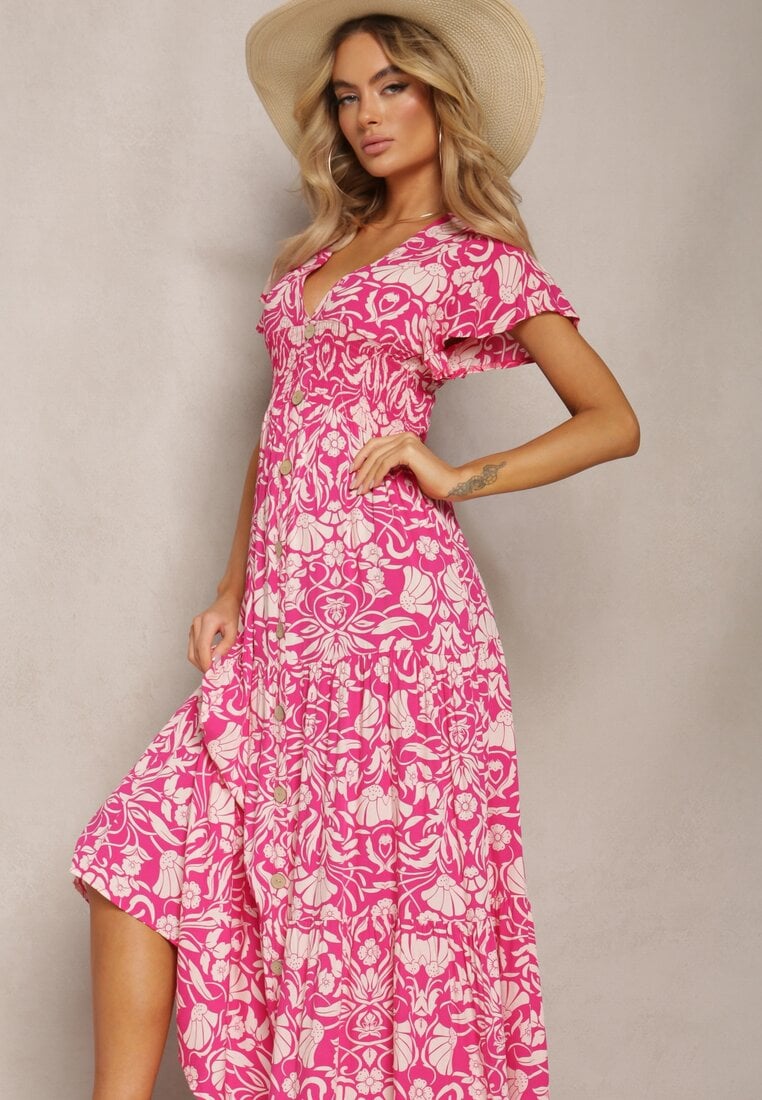 Różowa Maxi Sukienka Rozkloszowana z Kopertowym Dekoltem w Kwiatowy Wzór Leivori