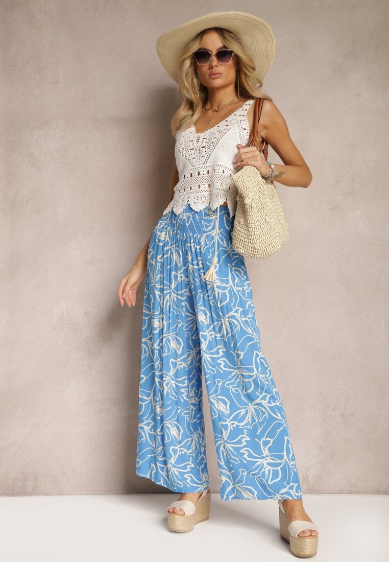 Niebieskie Spodnie Szerokie z Wiskozy High Waist w Kwiatowy Print Tepolla