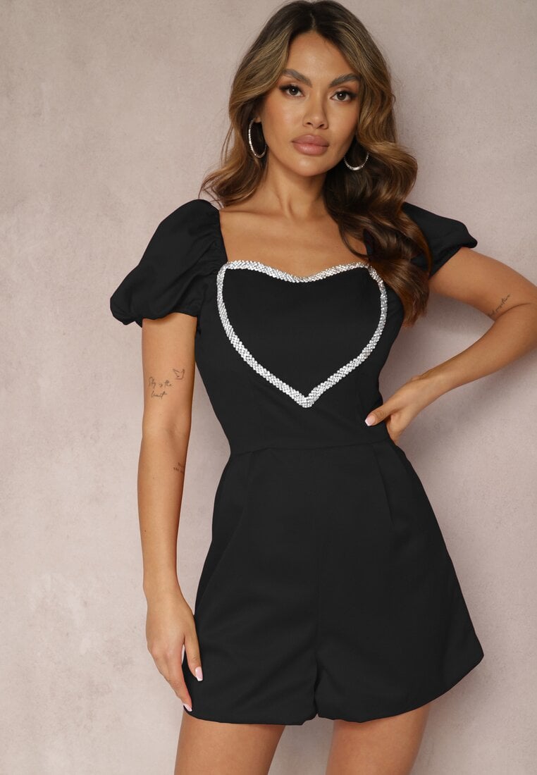 Czarny Kombinezon Krótki z Opadającymi Rękawami i z Serduszkiem z Cyrkonii Yelara