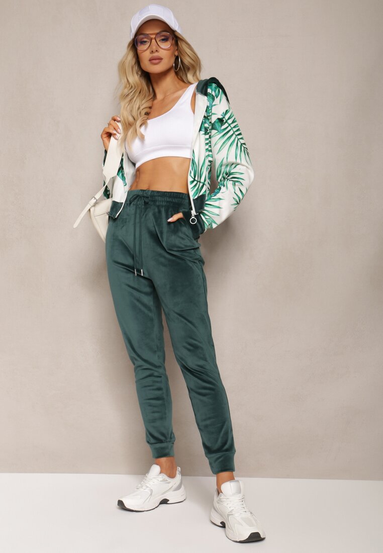 Ciemnozielony Welurowy Komplet Dresowy z Wzorzystą Bluzą z Kapturem i Joggerami Rouviana