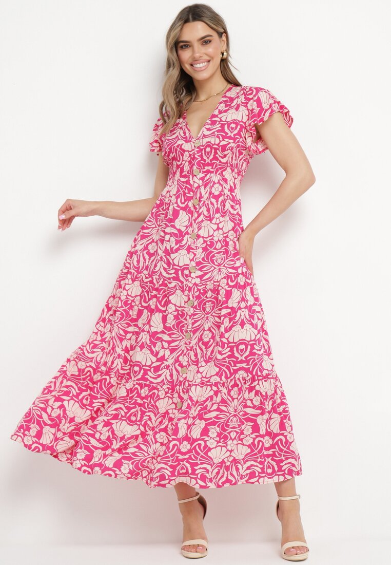 Różowa Rozkloszowana Sukienka Maxi z Luźnym Rękawem w Kwiatowy Print Oxeria