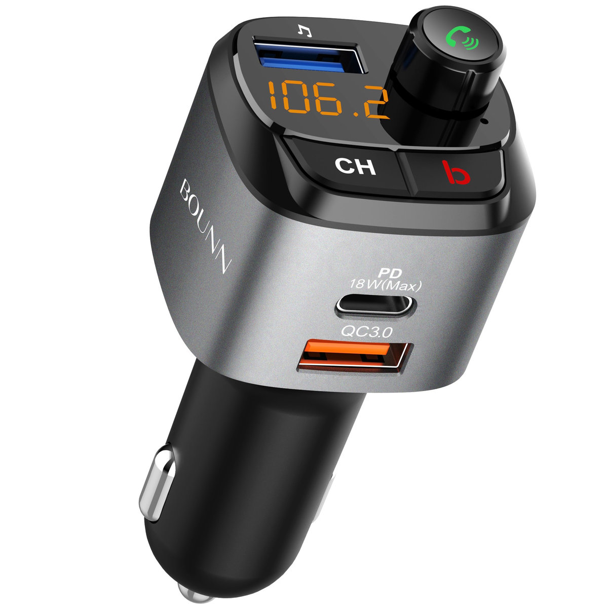 Transmiter FM+Ładowarka Samochodowa Bounn QC3.0+PD20W  Zestaw Głośnomówiący