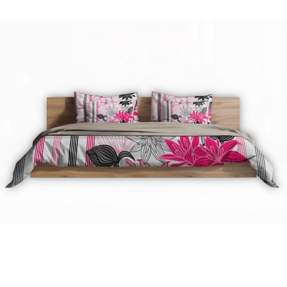 Pościel satyna korowana 160x200 różowa szara biała lilie