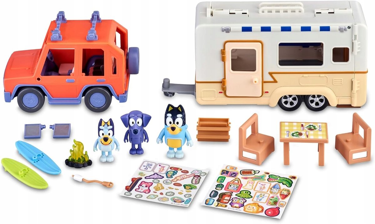 BLUEY ZESTAW RODZINNE AUTO I PRZYCZEPA KEMPINGOWA + 3 FIGURKI POJAZD