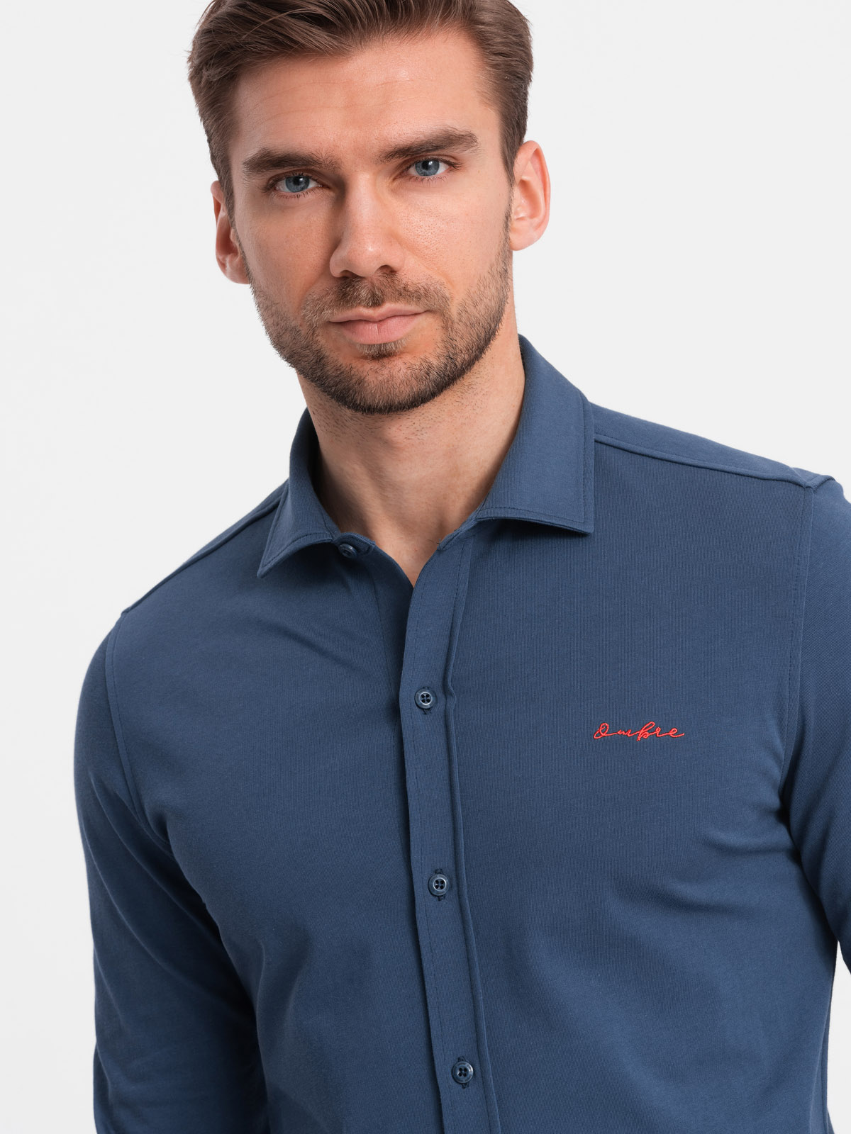 Bawełniana męska koszula REGULAR z dzianiny single jersey - niebieska V1 OM-SHCS-0138