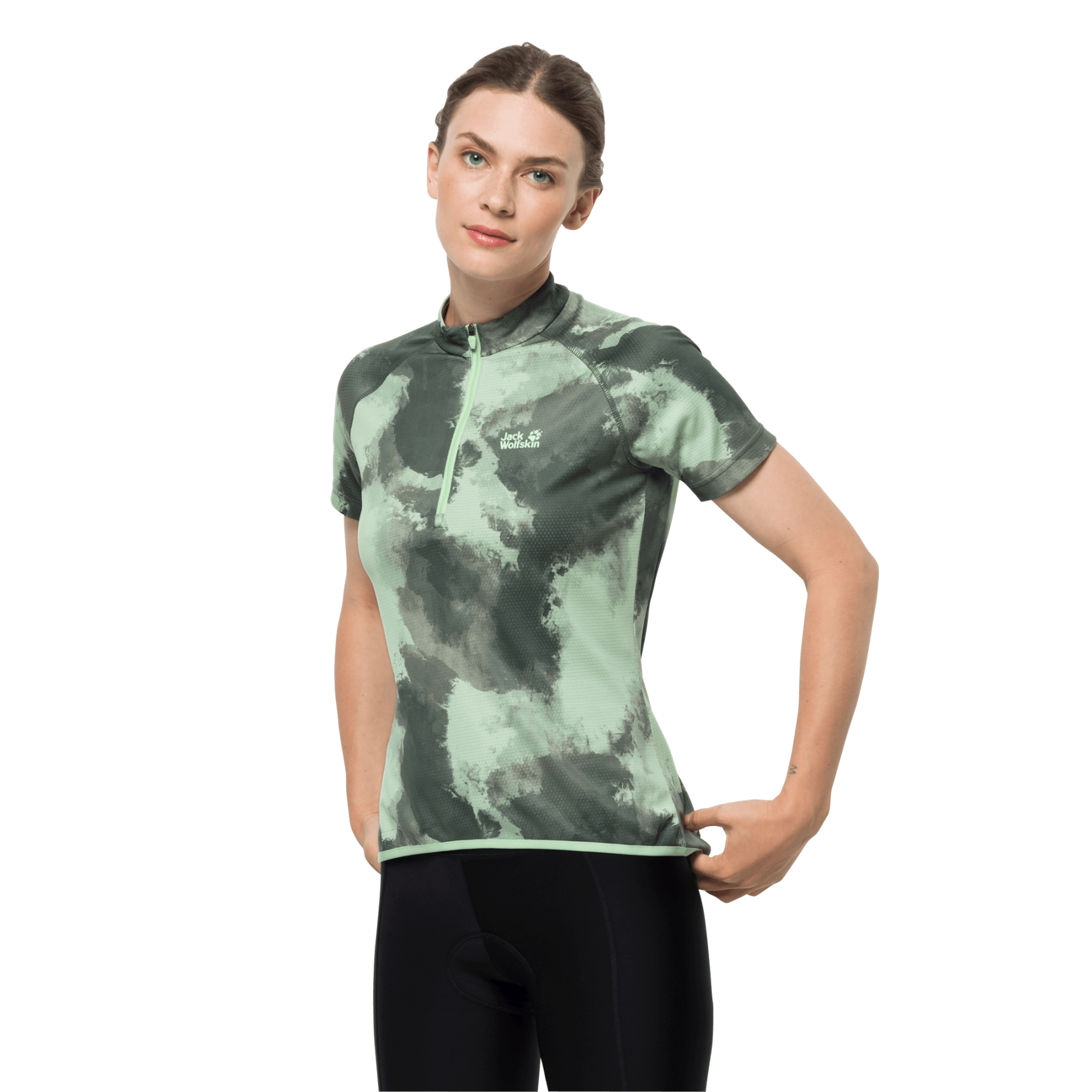 Damska koszulka rowerowa TOURER HALFZIP PRINT T W hedge green allover - XS