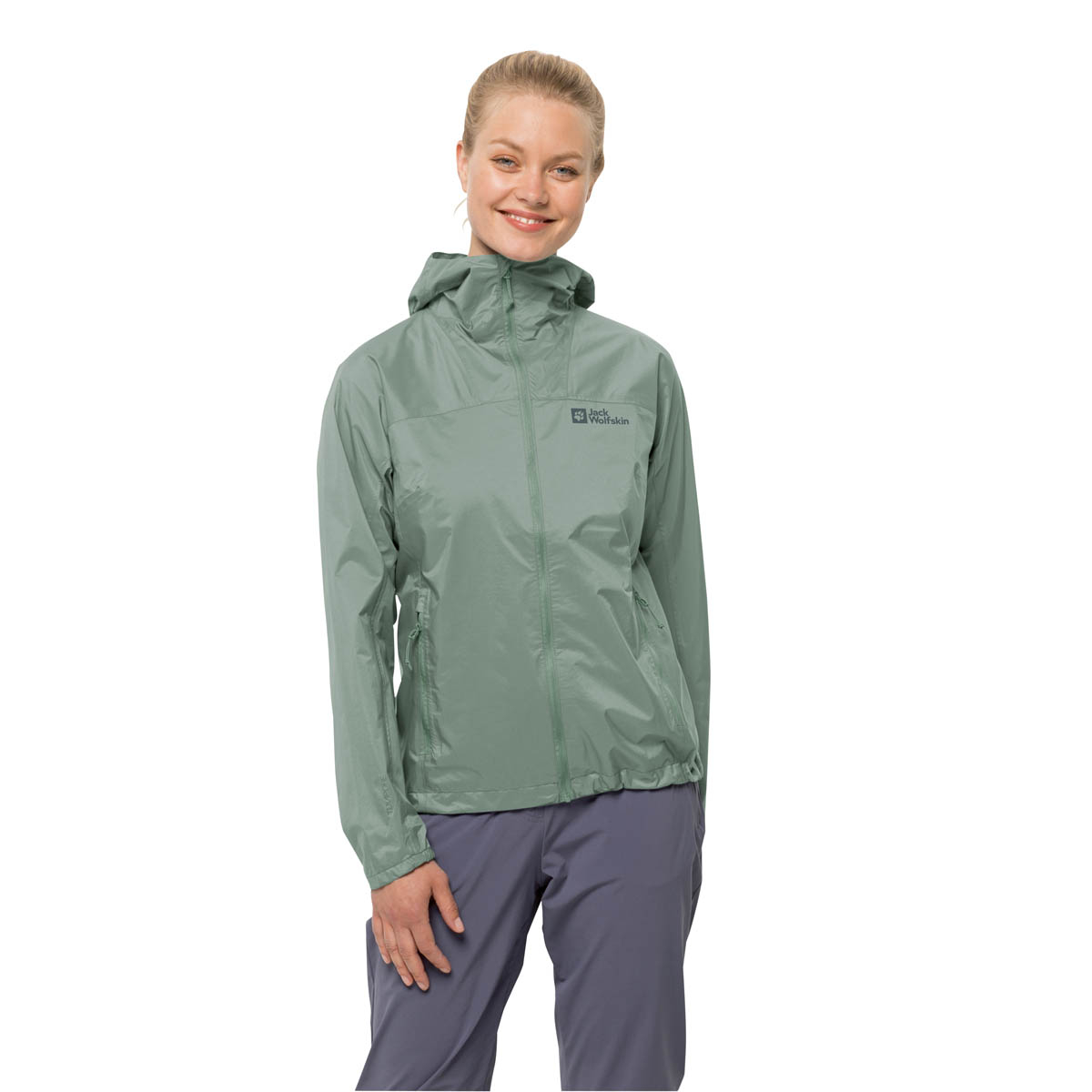 Damska kurtka przeciwdeszczowa Jack Wolfskin PRELIGHT 2.5L JKT W picnic green - XS