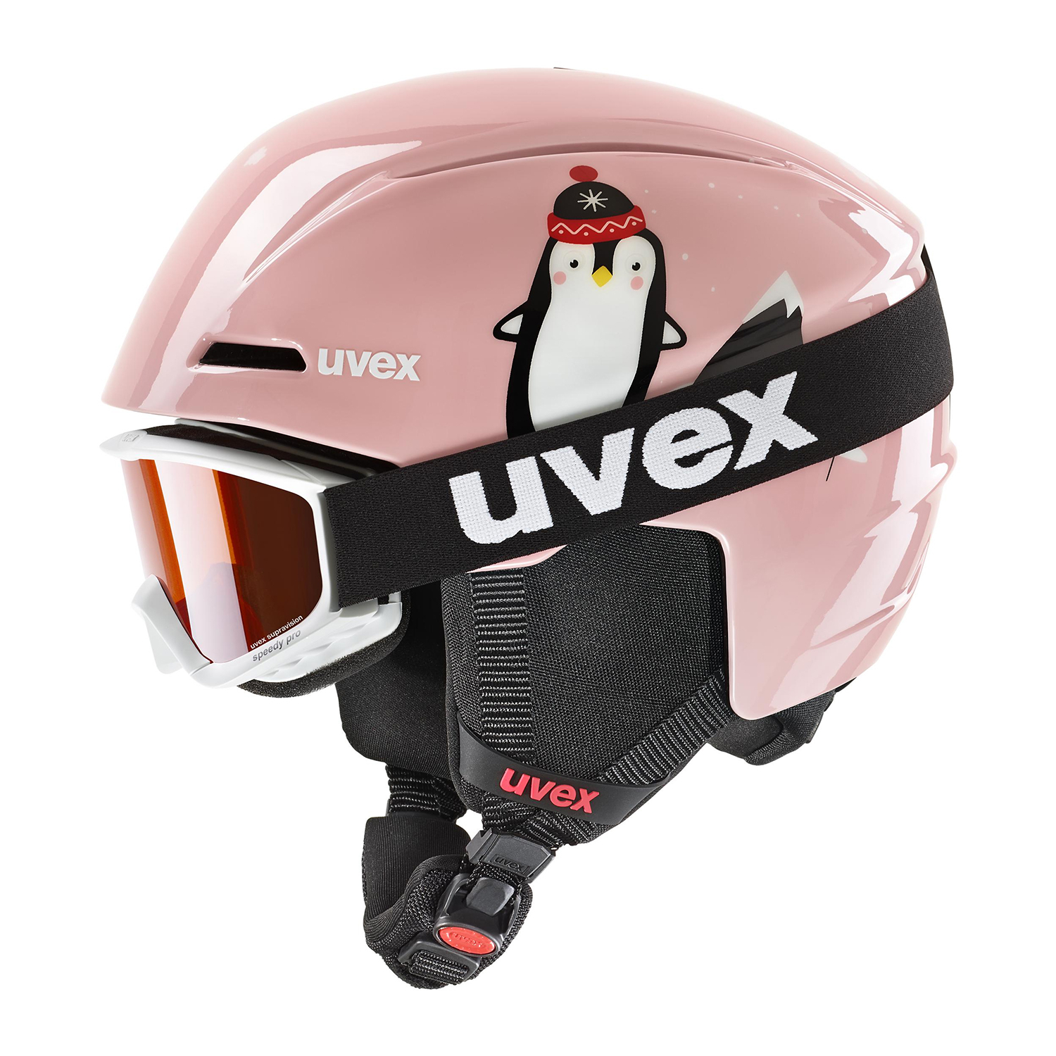 Dziecięcy kask narciarski z goglami Uvex Viti Set pink penguin - 46-50 cm
