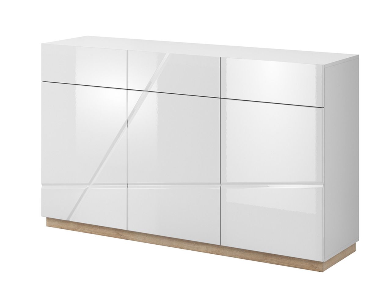 Komoda do salonu, 3 szuflady, Futura, 150x41x91 cm, biel, dąb riviera, połysk