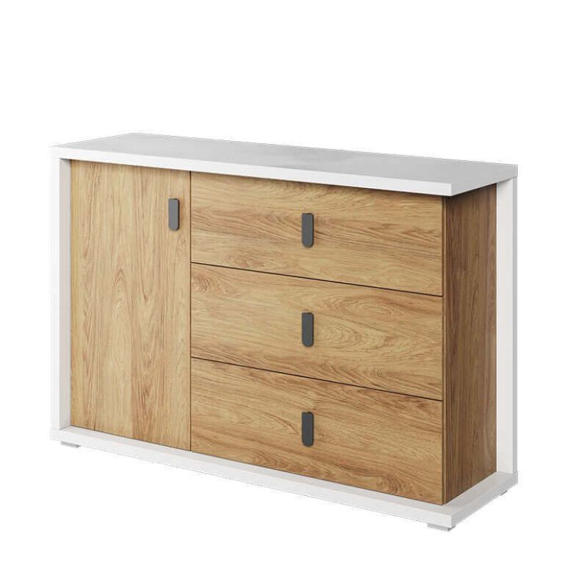 Duża komoda, szuflady, Simi, 135x41x90, biel, hikora naturalna, mat