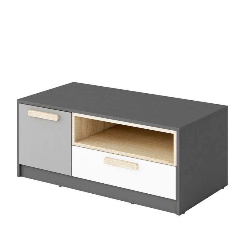 Szafka RTV, Pok, 100x50x41 cm, biel, grafit, buk ibsen, szary jasny, mat