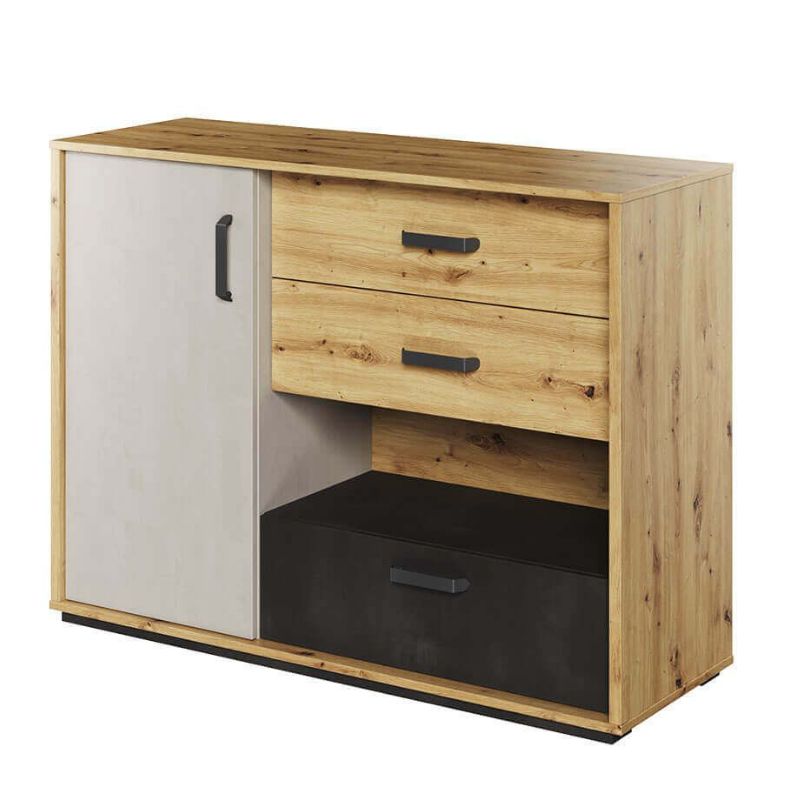 Komoda, Qubic, 120x42x90 cm, dąb artisan, surowa stal, silk flou, mat