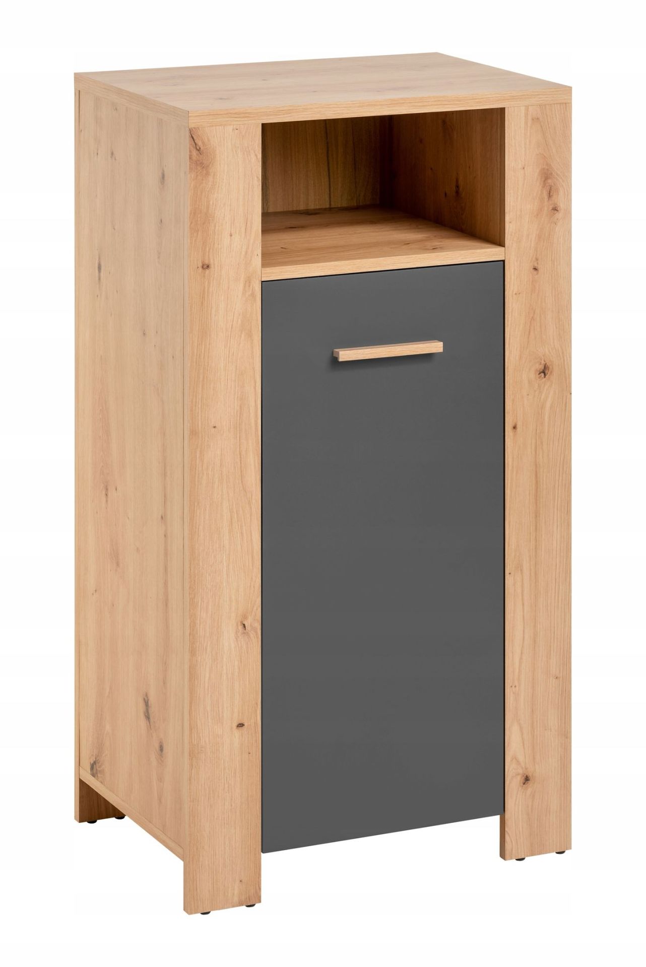Wąska komoda z półkami, Vega, 55x38x103 cm, dąb artisan, grafit, mat