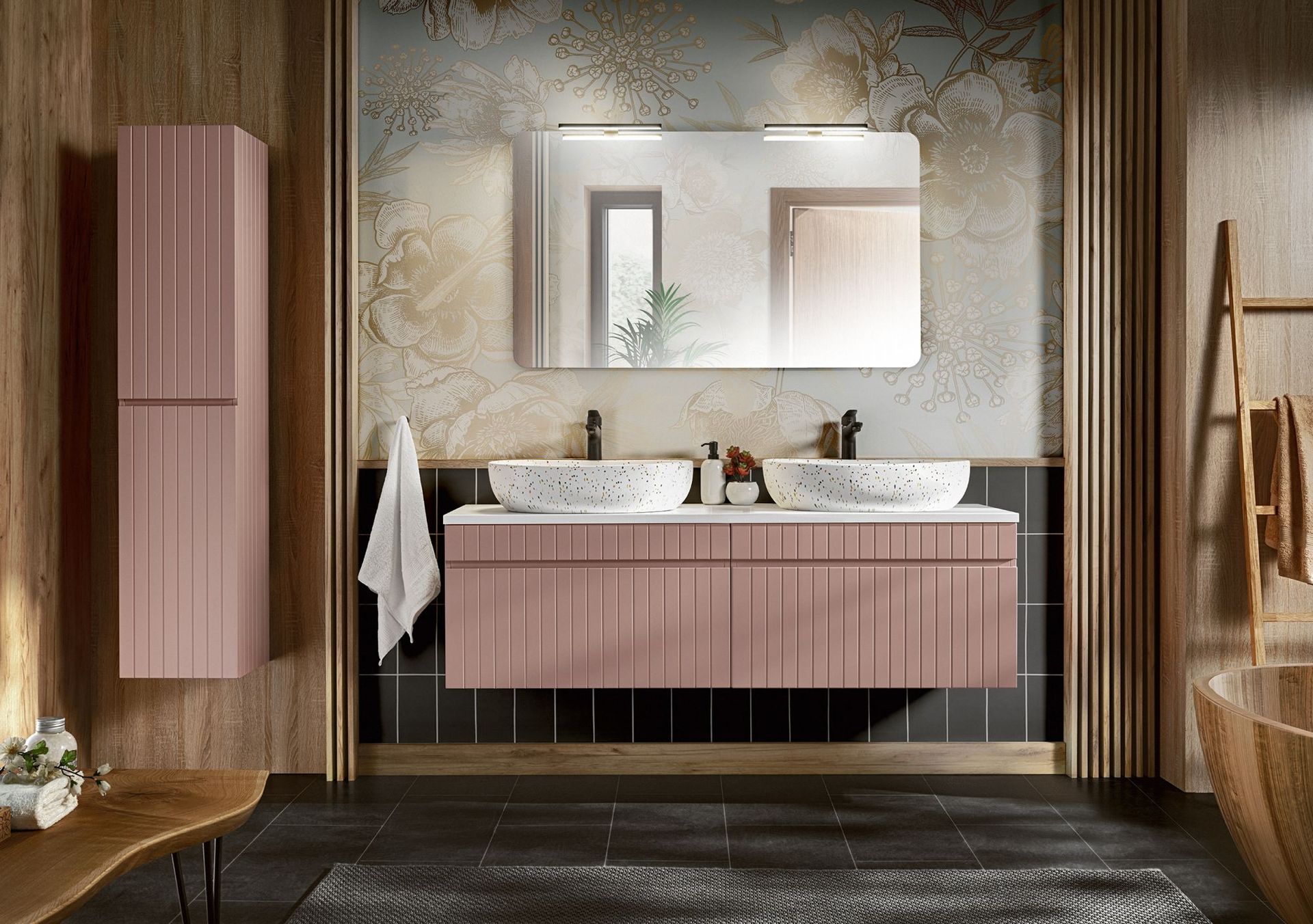 Komplet mebli łazienkowych z oświetleniem, Iconic, różowy, mat