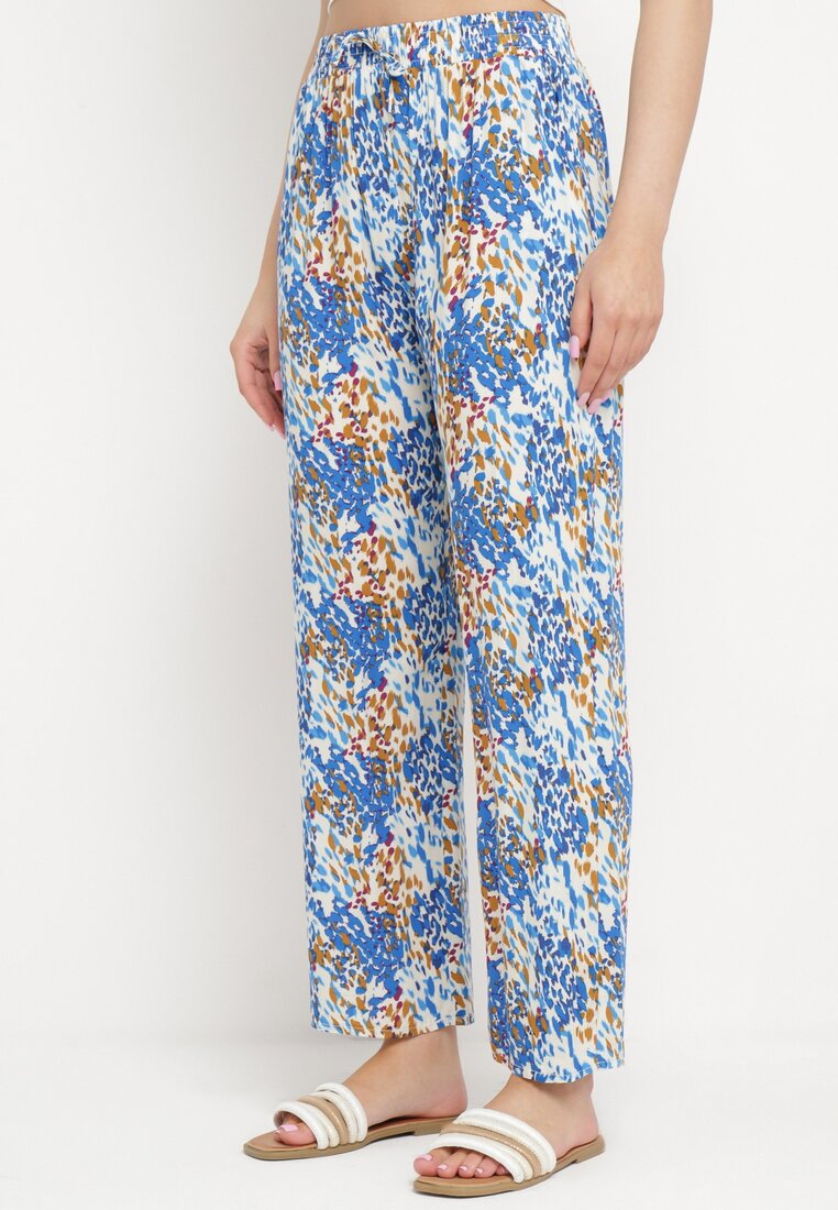 Niebieskie Szerokie Spodnie z Wiskozy w Abstrakcyjny Print z Gumką w Pasie Sumiesa