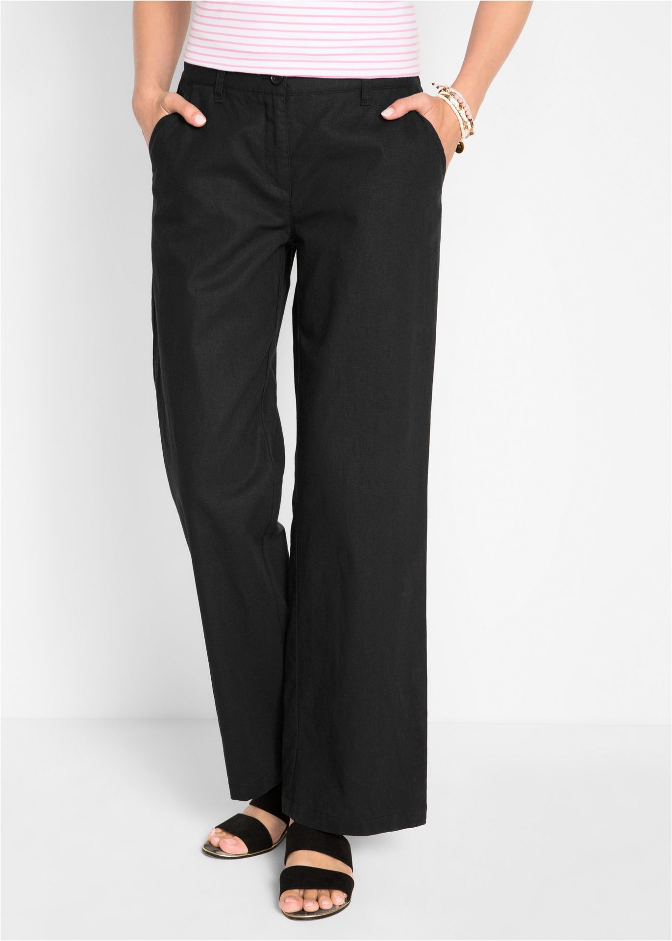 Spodnie lniane Loose Fit z wygodnym paskiem - bonprix