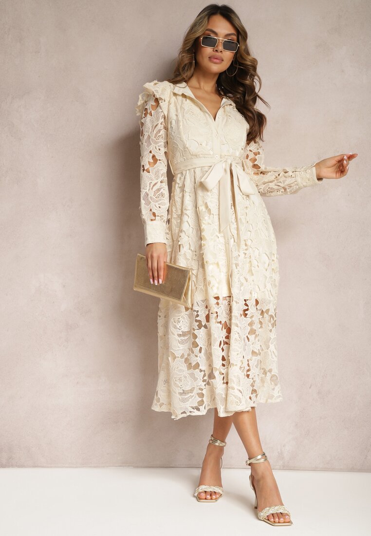 Beżowa Rozkloszowana Sukienka o Koszulowym Fasonie z Falbanką i Koronką Caramia