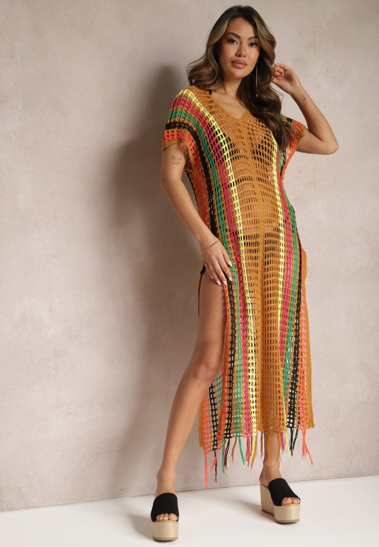 Ciemnobeżowa Długa Szydełkowa Sukienka na Plażę w Paski z Wycięciami i Frędzlami Liretha