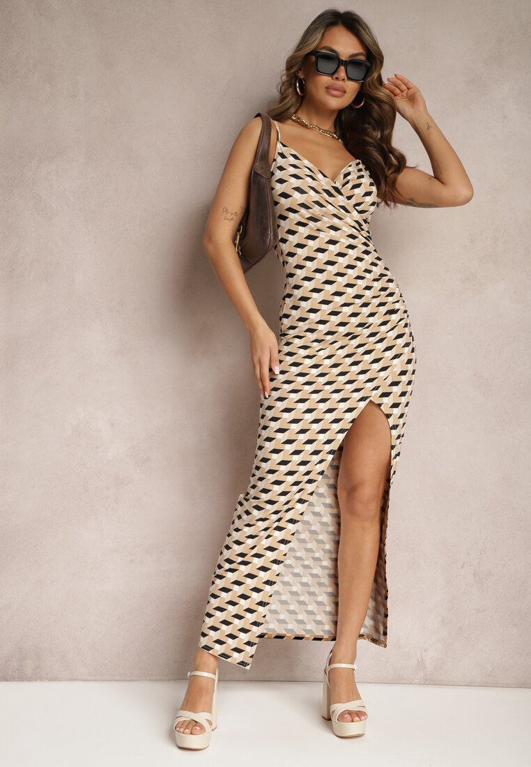 Beżowo-Czarna Dopasowana Sukienka na Ramiączkach z Marszczeniem Terida