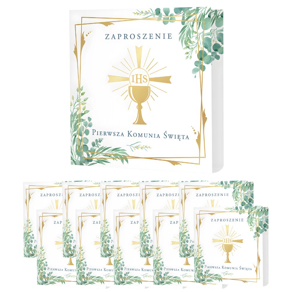 Zaproszenie komunijne białe złoty kielich Hostia eukaliptus 10szt