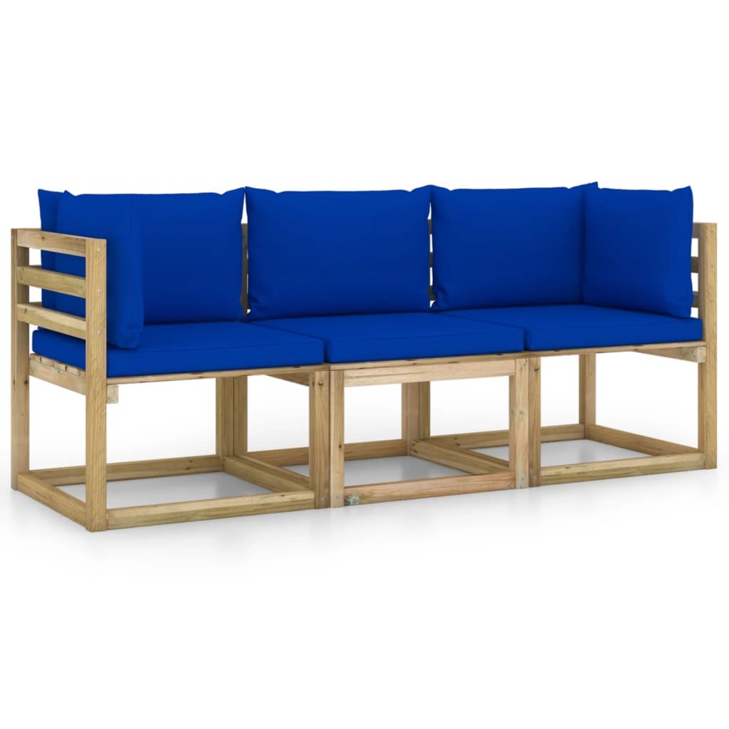 Sofa ogrodowa 3-osobowa, drewno sosnowe, niebieski