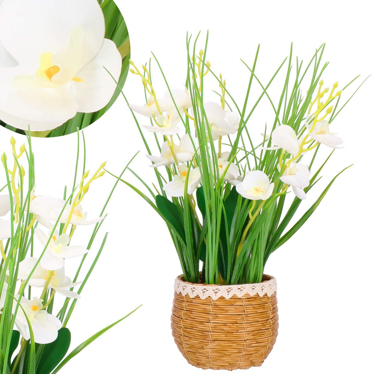 Sztuczny storczyk 44 cm orchidea dekoracyjna w doniczce biała