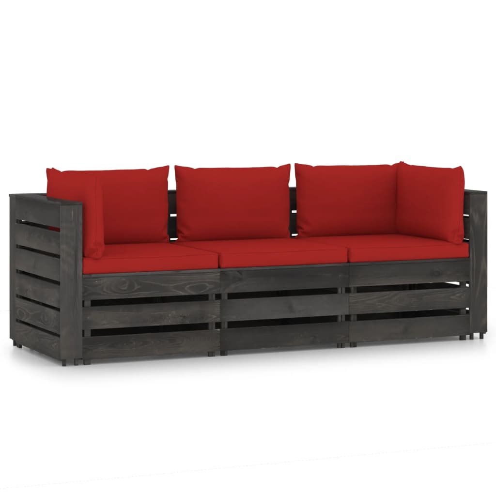 Sofa ogrodowa 3-osobowa, drewno sosnowe, czerwona