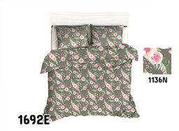 Extrapościel Pościel bawełniana 200x220 1692E grafitowa różyczki różowe liście 1136N