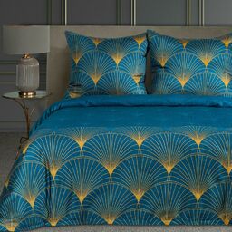 Eurofirany Pościel satynowa 160x200 Lotos 1 turkusowa ciemna miodowa wachlarze Limited Collection