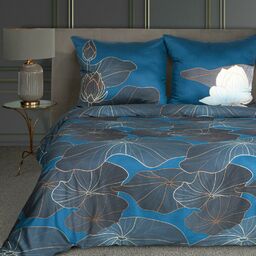 Eurofirany Pościel satynowa 160x200 Lotos 2 granatowa czarna kwiat lotosu Limited Collection