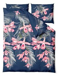 Zaratex Pościel satynowa 160x200 Orchids kwiaty liście granatowa różowa Satin Home 1