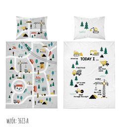 Detexpol Pościel bawełniana 90x120 Miasto 3613 A szara biała domek koparka dźwig drzewa dziecięca Kids 1