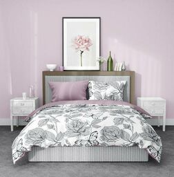 Faro Pościel satynowa 160x200 Elegant 001 kwiaty motyle biała czarna fioletowa dwustronna S 23