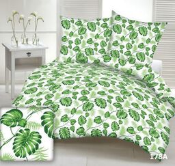 Karo Pościel z kory 140x200 178a biała liście zielone Monstera gałązki palmy na guziki bawełna