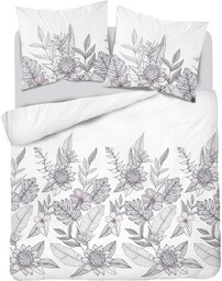 Detexpol Pościel satynowa 220x200 biała szara kwiaty liście 4125 B Home Satin 001