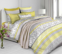 Luxury Pościel bawełniana 220x200 Kwiatki pasy szara żółta 28173/1 poszewki 2x70/80 01