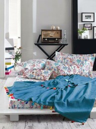 Faro Komplet pościeli bawełniana 160x200 Styleup + Koc 180x220 niebieski z frędzlami paisley komplet w pudełku