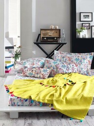 Faro Komplet pościeli bawełniana 160x200 Styleup + Koc 180x220 żółty z frędzlami paisley komplet w pudełku