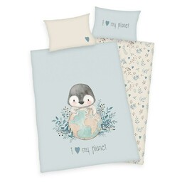 Herding Pościel bawełniana 100x135 Pingwin kremowa błękitna dziecięca do łóżeczka H23