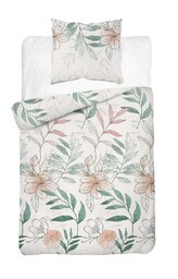 Detexpol Pościel satynowa 140x200 4457 A biała zielona pudrowa kwiaty liście z jedną poszewką Home Satin 126