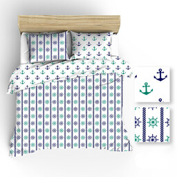 Extrapościel Pościel bawełniana 180x200 R010 biała kotwice stery granatowe miętowe