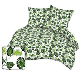 Karo Pościel z kory 160x200 178a biała liście zielone Monstera gałązki palmy na guziki bawełna