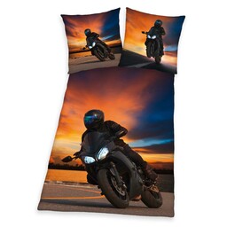 Herding Pościel bawełniana 140x200 Moto pomarańczowa niebieska poszewka 70x90 H23