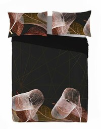 Matex Pościel satynowa 220x200 liście geometria czarna pudrowa Prestige 1